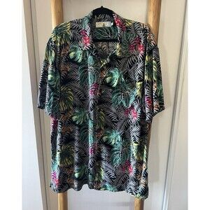 High Surf Men’s 2XL Black Green Floral Hawaiian Tropical %100 Rayon Button-Up